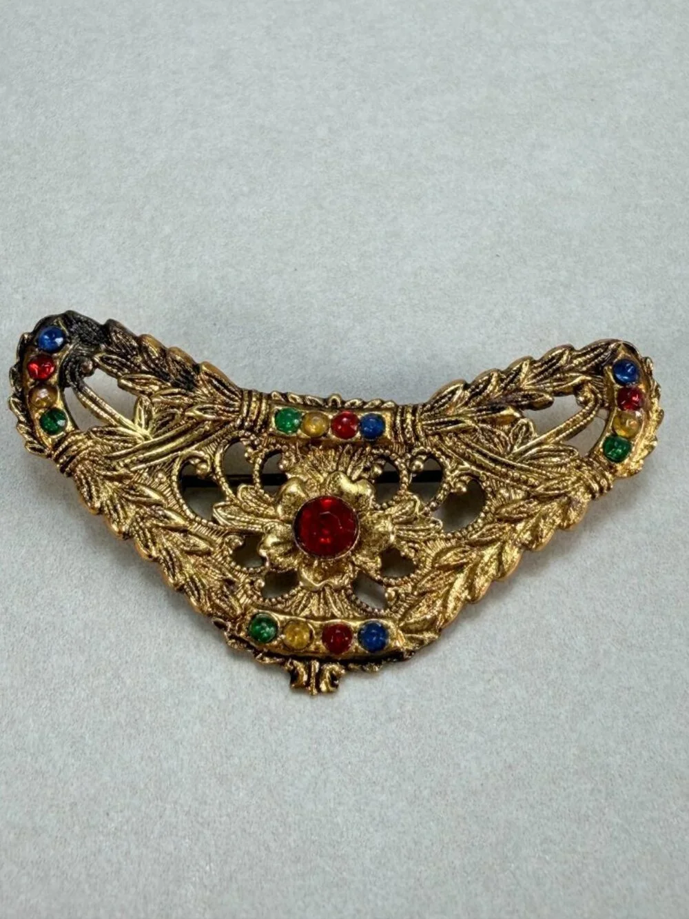 Vintage Gold Tone Filigree Multicolor Rhinestone Brooch Victorian Revival Pin